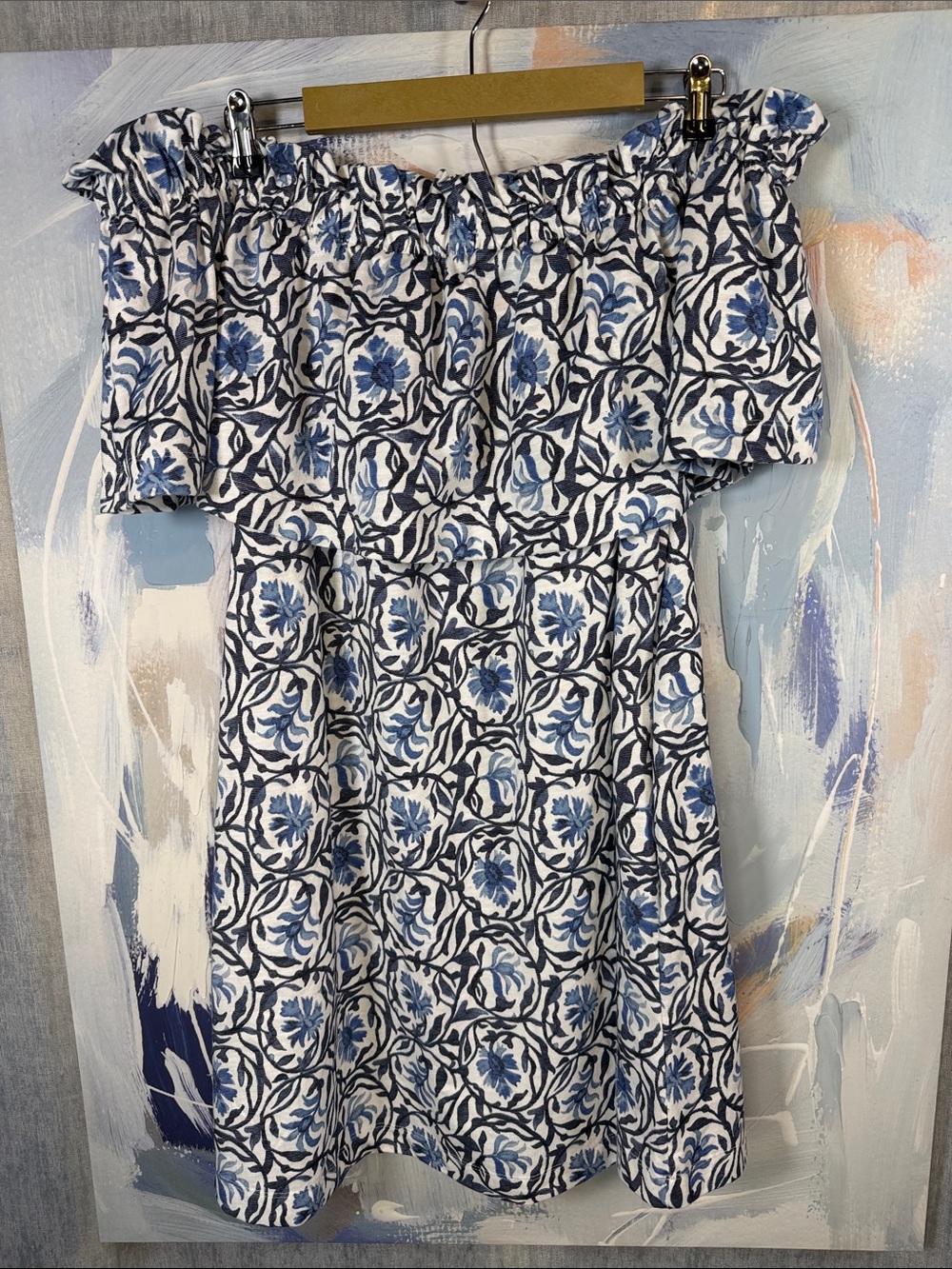 H&M Blue White Floral Off Shoulder Mini Dress L Cotton Stretch Boho Pockets